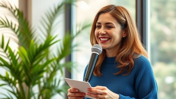 Woman speaking into a microphone about online advertising.