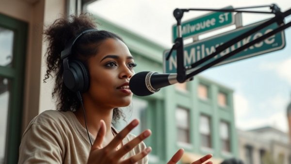 Podcast scene with Milwaukee street sign, urban date spot.