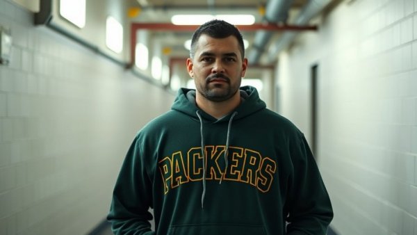 Focused man in a Green Bay Packers hoodie, standing in hallway.