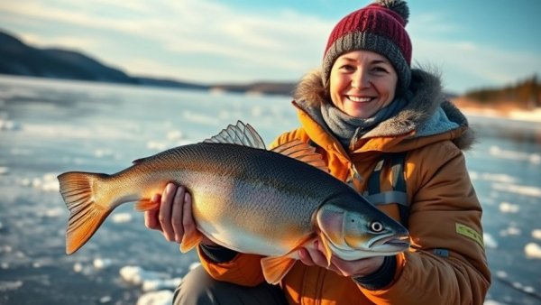 Wisconsin winter ice fishing: Woman showcasing her catch on a frozen lake.