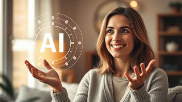 Woman explaining AI copywriting method with AI logo overlay, warm lighting.