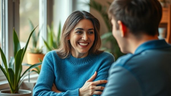 Smiling woman discussing in a cozy setting to generate website traffic.