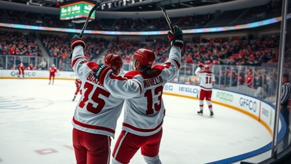 Wisconsin Badgers hockey players celebrating a goal on the ice rink.