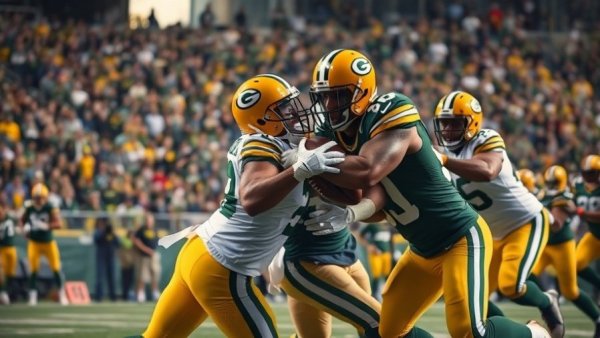 Green Bay Packers players tackle opponent during football game.
