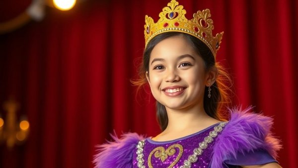 Young performer on stage with crown, vibrant presentation lighting.