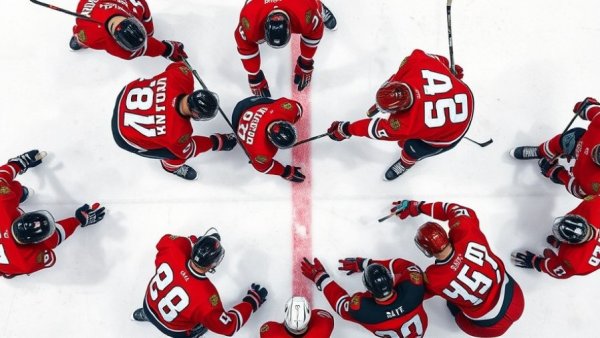 Ice hockey players in intense face-off, Wisconsin outdoor recreation.
