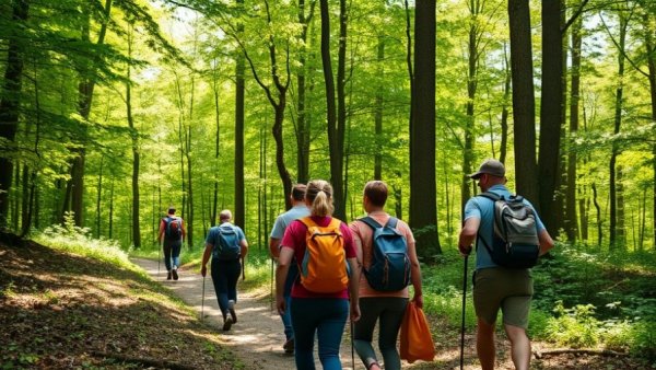 Hikers enjoying Wisconsin family activities in a lush forest.