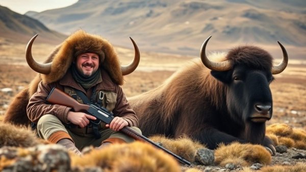 Hunter with a musk ox in open tundra for bucket list hunting adventures.