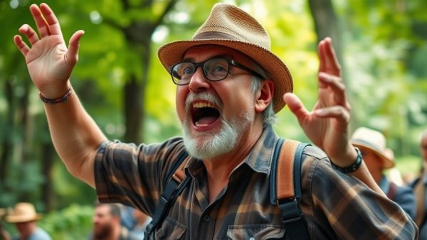 Man participating in a Wisconsin family-friendly festival in a forest setting.