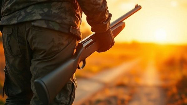 Camouflaged hunter with shotgun in Wisconsin during sunset.