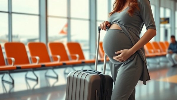 Pregnant woman with suitcase in airport, Traveling While Pregnant.