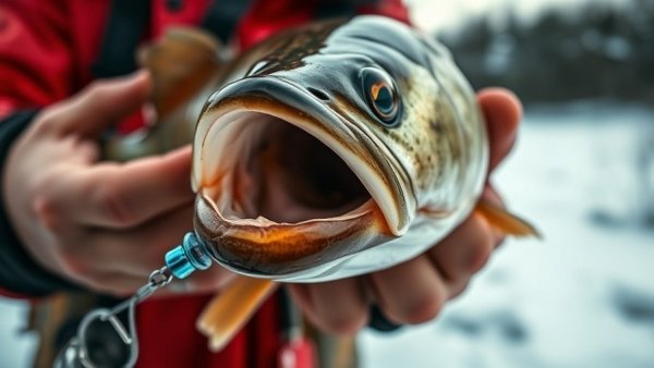 Close-up of walleye caught in January with a blue lure.