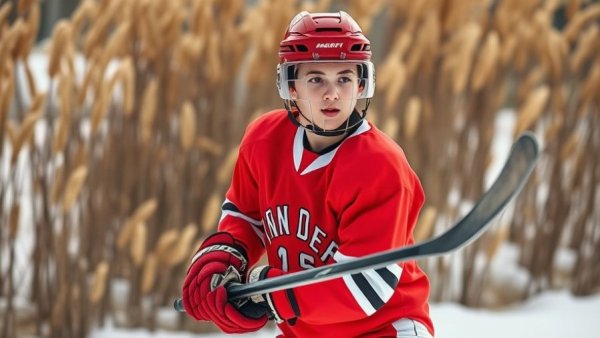 Young hockey player in red jersey, ready to throw, outdoors.