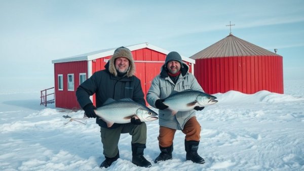 Wisconsin ice fishing, two men with fish in snowy landscape, outdoor gear.
