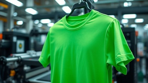 Green T-shirt on printing press for DTF printing in factory.