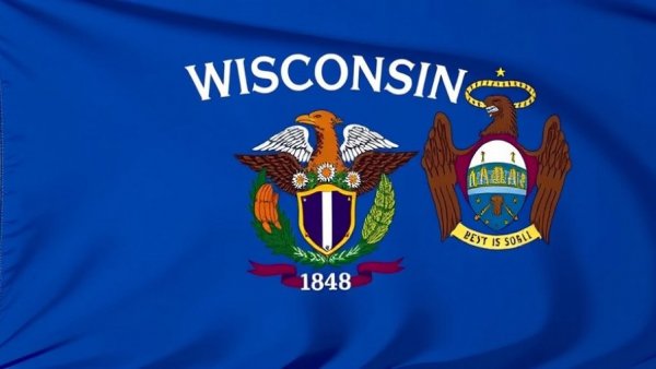 Wisconsin flag with emblem and 1848, related to childhood vaccinations.