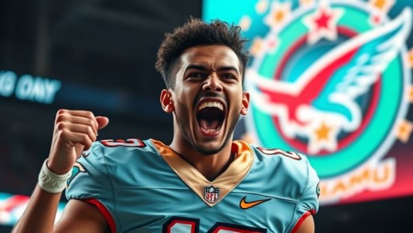 Miami National Championship excitement with team logos and player.