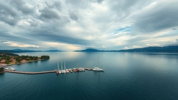 Scenic Lake Geneva with docked boats and lush surroundings, Wisconsin vacation.