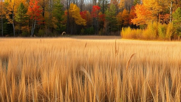 Serene Wisconsin autumn landscape with dry grass and colorful foliage.