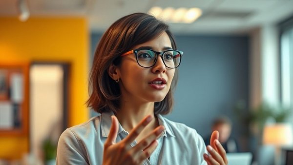 Woman in office giving health advice about positive body image, Wisconsin health and wellness.
