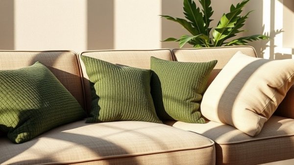 Cozy Wisconsin home decor ideas with green and beige cushions.