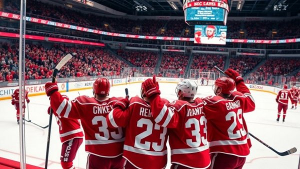 Wisconsin Badgers hockey players celebrating a goal on the ice.