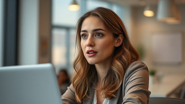 Engaged woman discussing social media advertising in an office.