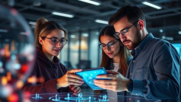 Professionals engaging with holographic interface in marketing, futuristic.