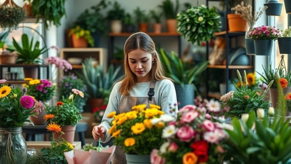 Young florist arranging flowers in a cozy shop, Instagram for Business Strategies.