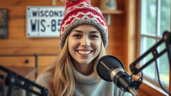 Young woman hosting podcast, cozy Wisconsin room scene.