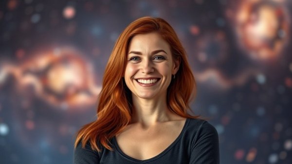 Confident woman in front of abstract background, photorealistic.