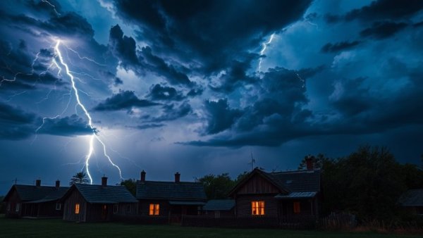 Dramatic lightning storm in rural area illustrating natural disaster recovery tips.
