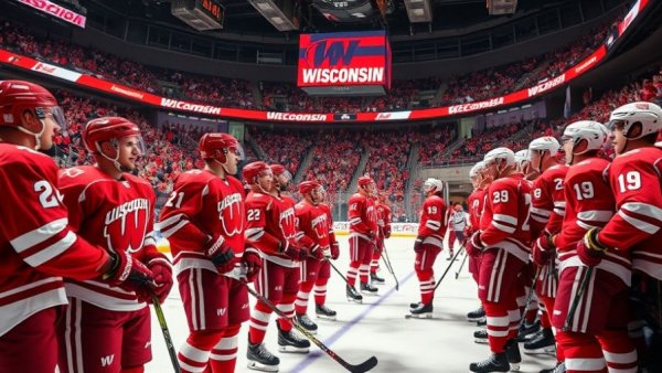 Wisconsin men's hockey team at the bench during a game.