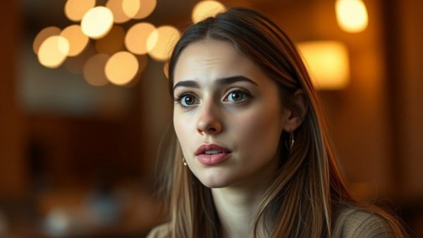 Interview setting with a young woman speaking thoughtfully.