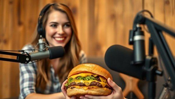 Woman discussing Wisconsin foods podcast with a cheese-stuffed burger.