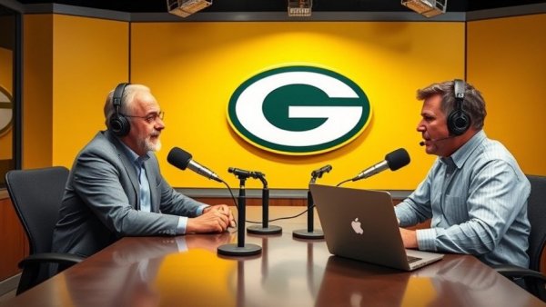 Radio hosts talk in front of Green Bay Packers logo, vibrant studio.