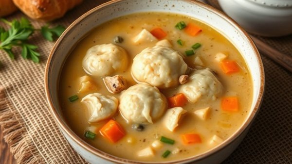 Delicious turkey and dumplings soup in a bowl on a burlap mat.