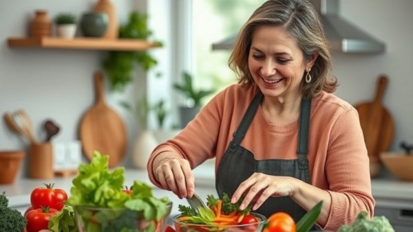 Middle-aged woman preparing salad in a modern kitchen for Wisconsin family health.