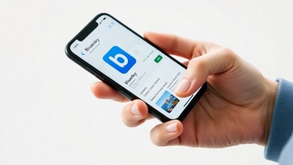 Hand holding smartphone with Decentralized social network Bluesky app store page open, showcasing app details and logo.