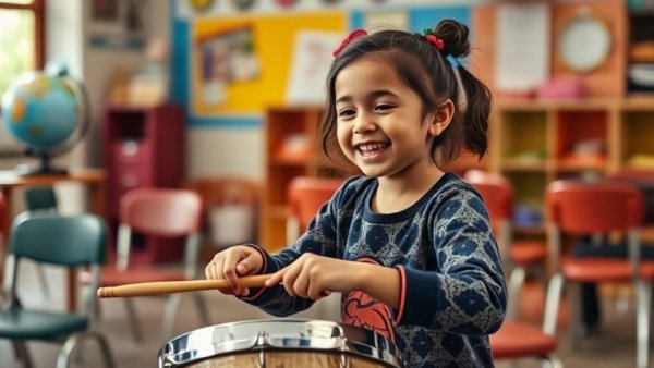 Child playing drums in Watertown community classroom, promoting health initiatives.