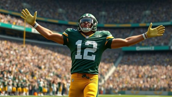 Football player celebrating at Wisconsin outdoor stadium.