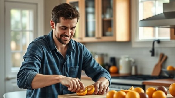 Man slicing oranges in kitchen, related to mastering affiliate email opt-ins.