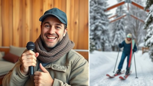 Wisconsin winter activities with casual person indoors and in snow.
