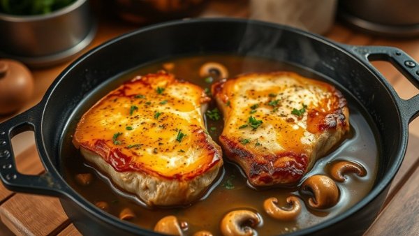 Baked pork chops and gravy in cast-iron skillet with mushrooms.