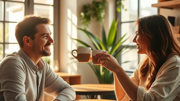 Two friends toasting coffee cups in a sunlit cafe, building trusting communities.