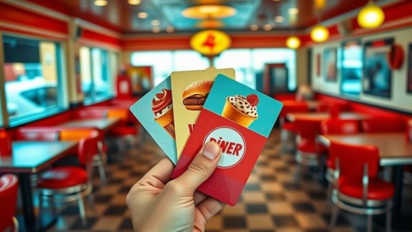 Colorful gift cards held in a retro diner setting.