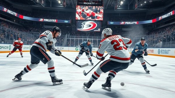 Wisconsin outdoor recreation depicted in an intense ice hockey game, vibrant arena.