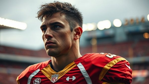 Somber football player with helmet, contemplating, NFL Draft context.