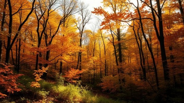 Wisconsin forest with autumn foliage, capturing vibrant outdoor nature scene.