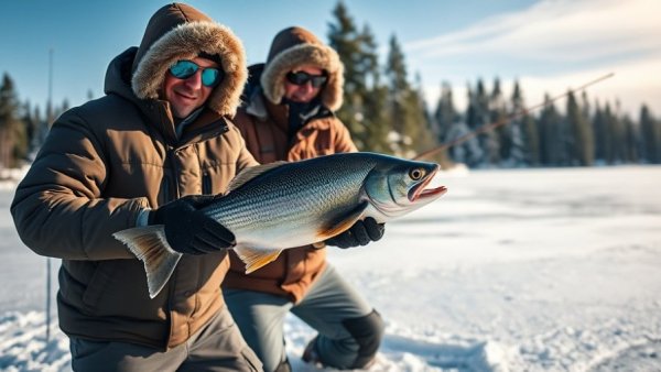 Wisconsin ice fishing: anglers on frozen lake with a large catch.